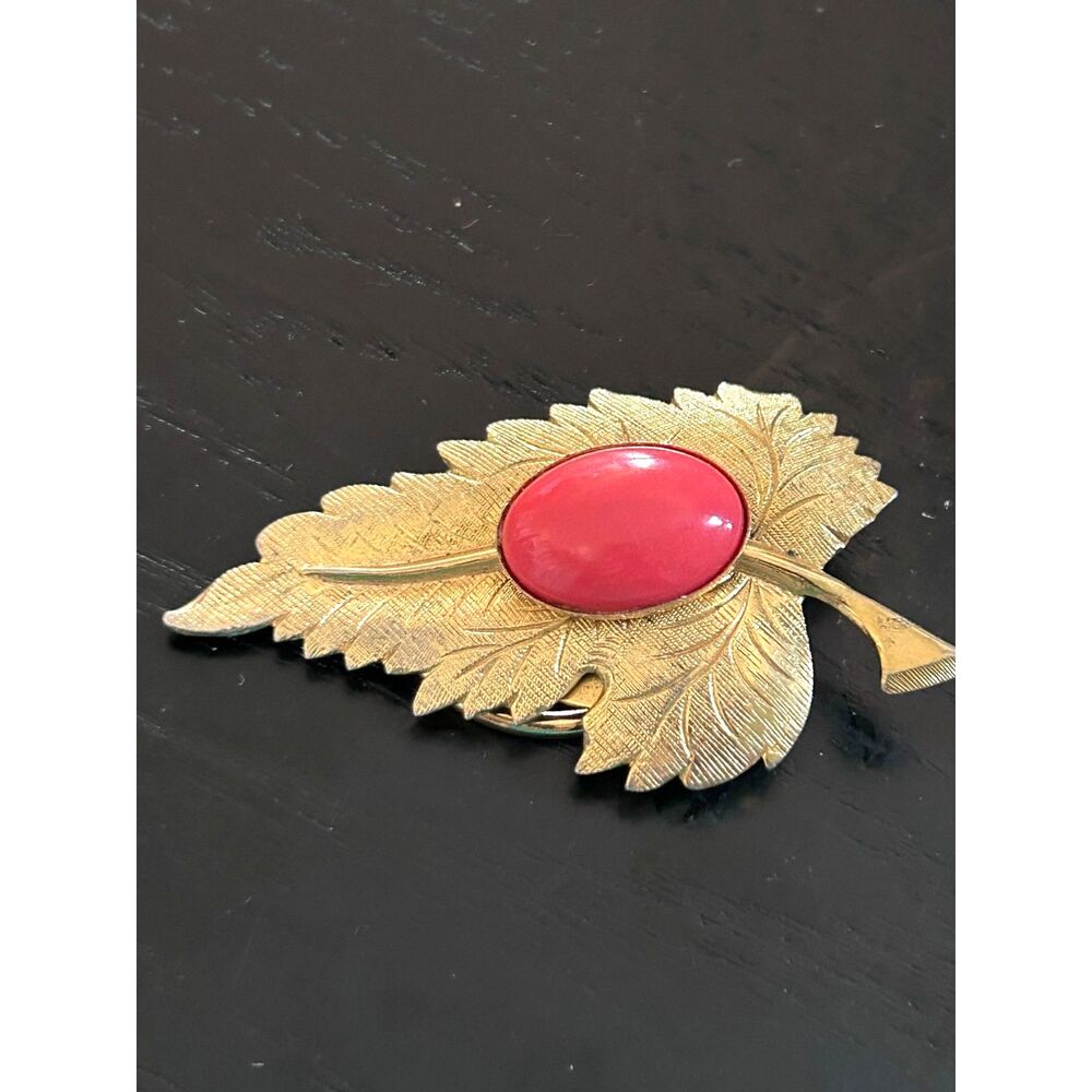 Vintage golden leaf scarf clip with orange bead